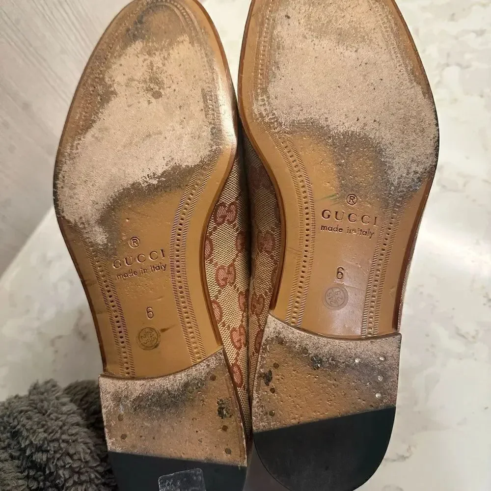Gucci Jordaan Horsebit Flat Loafer Size 6 GG Monogram Canvas Beige Rust